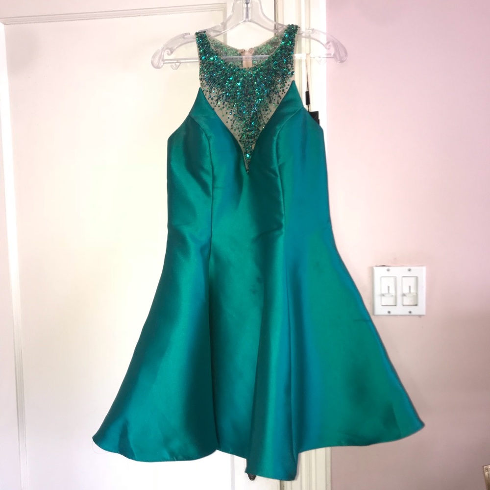 SERENDIPITY EMERALD BEADED FIT AND FLARE DRESS